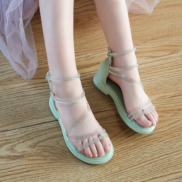 

Girls Rhinestone Decor Ankle Strap Sandals, Green