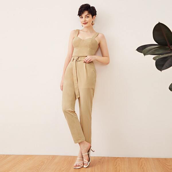 

Bustier Cami Top & D-ring Belted Pants Set, Khaki