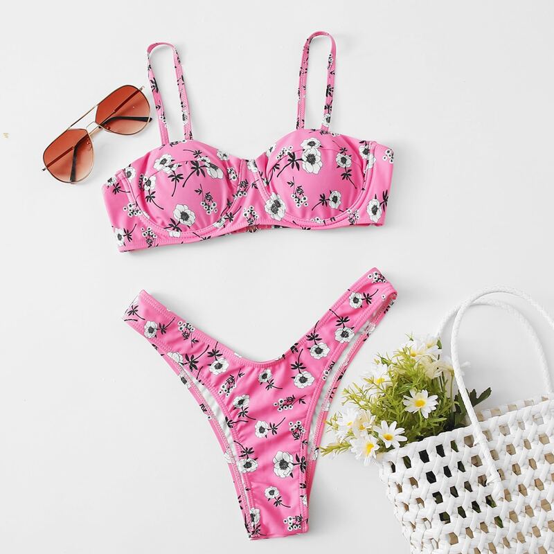 

Floral High Leg Bikini Swimsuit, Pink