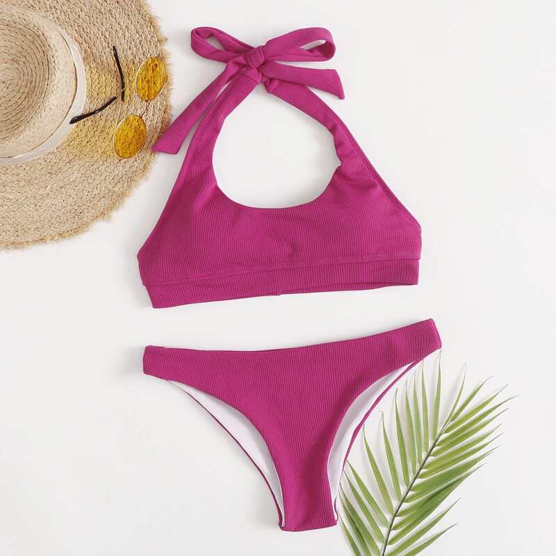 

Ribbed Halter Bikini Swimsuit, Pink