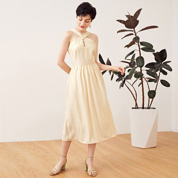 

Keyhole Front Crisscross Halterneck Paneled Dress, Beige