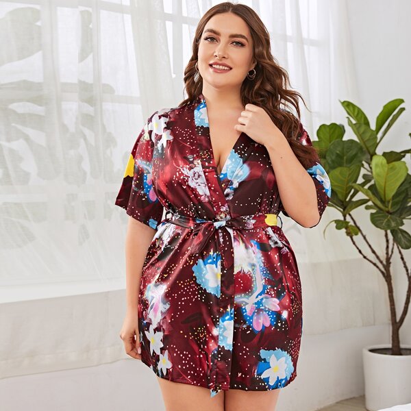 

Plus Floral Polka Dot Belted Satin Robe, Burgundy