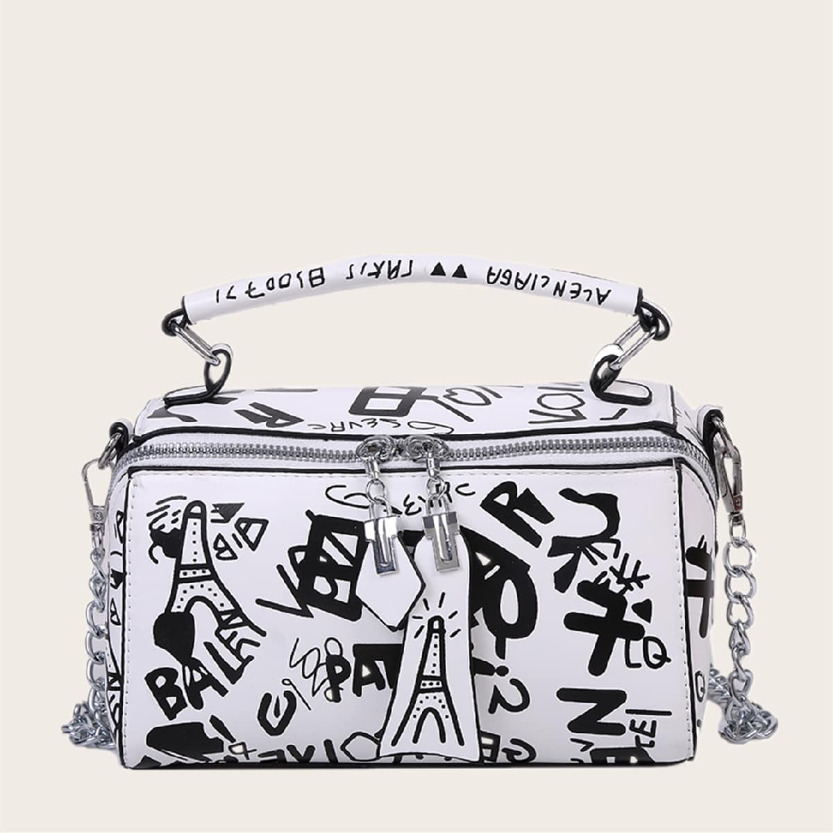 

Graffiti Chain Satchel Bag, Black and white