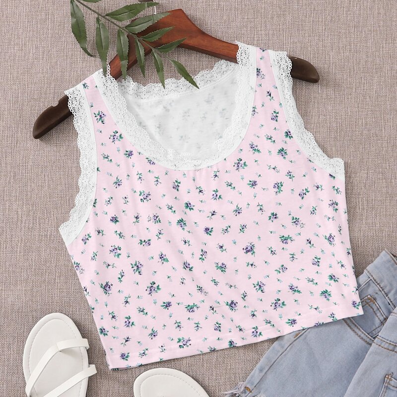 

Lace Trim Floral Crop Tank, Pink