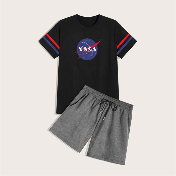 

Men Letter Graphic Tee & Drawstring Track Shorts, Multicolor