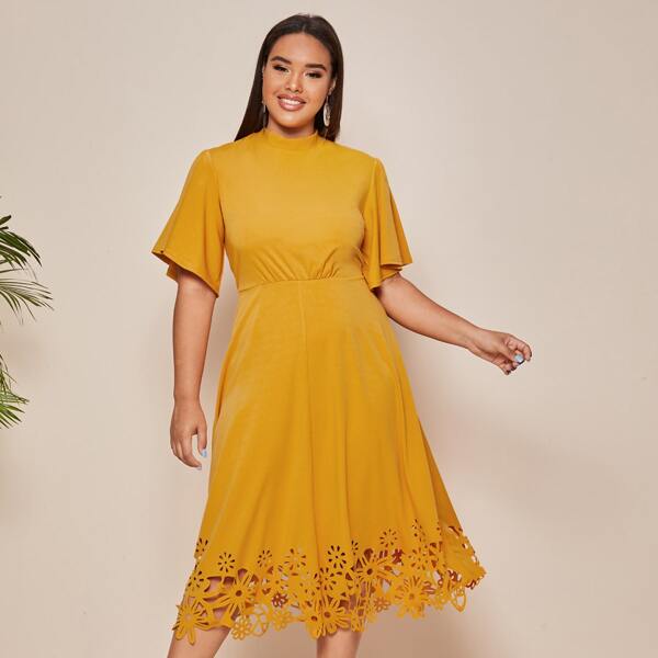 

Plus Flutter Sleeve Laser Cut Hem Tie Back Dress, Mustard yellow
