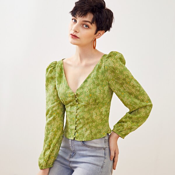 

Button Front Ditsy Floral Blouse, Olive green