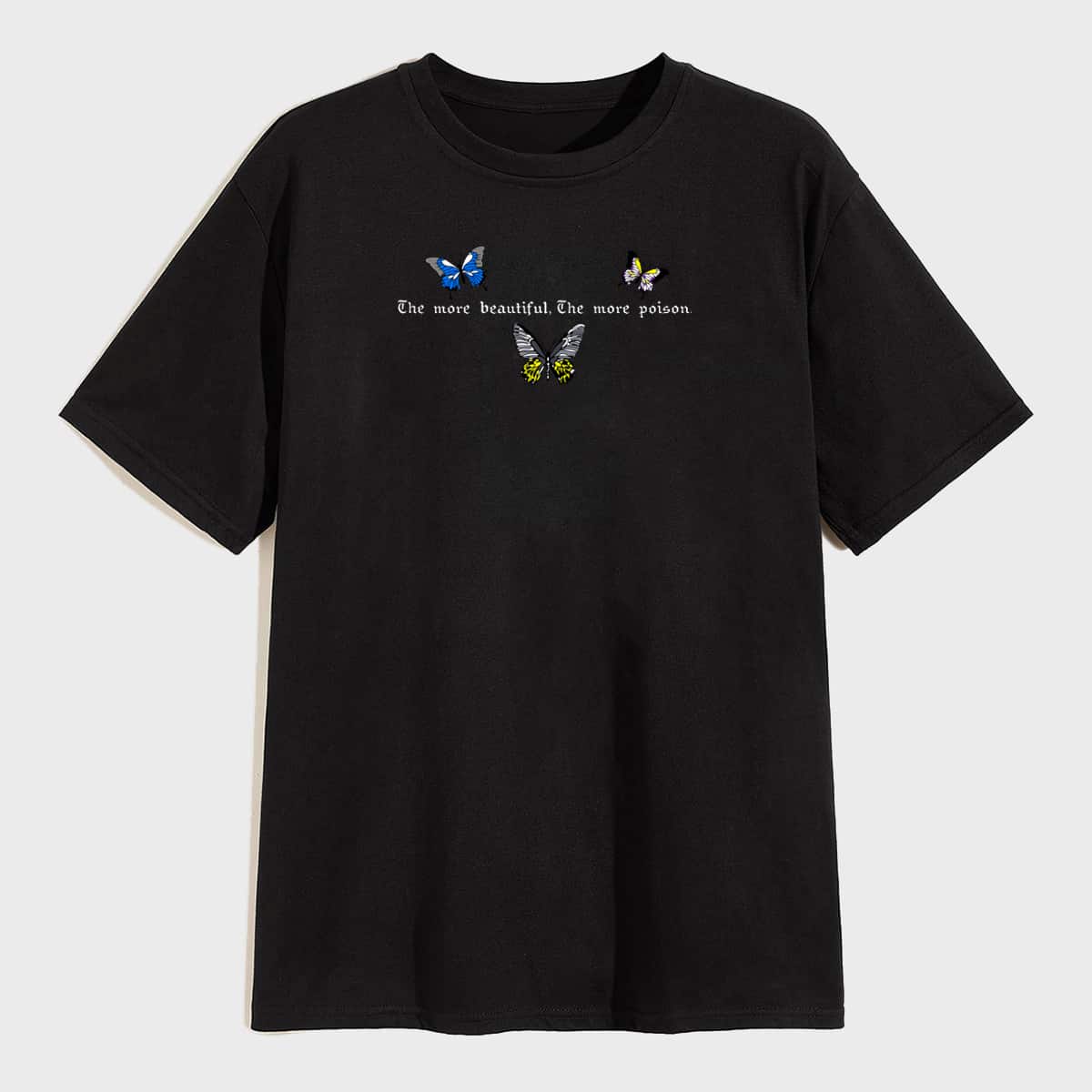 

Men Slogan & Butterfly Print Tee, Black