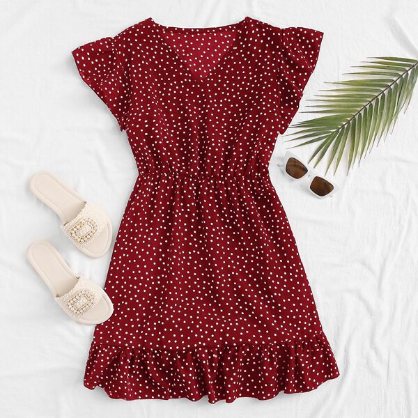 

Plus Polka Dot Ruffle Hem A-line Dress, Burgundy