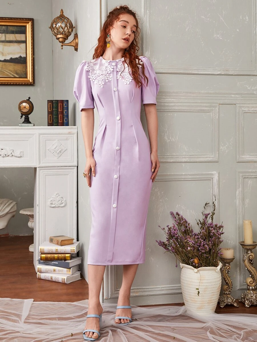 SHEIN Floral Embroidered Puff Sleeve Midi Dress - Lilac Purple - View 1