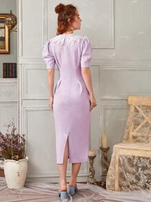 SHEIN Floral Embroidered Puff Sleeve Midi Dress - Lilac Purple - View 2