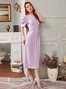 SHEIN Floral Embroidered Puff Sleeve Midi Dress - Lilac Purple - View 3