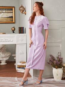 SHEIN Floral Embroidered Puff Sleeve Midi Dress - Lilac Purple - View 4