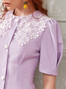 SHEIN Floral Embroidered Puff Sleeve Midi Dress - Lilac Purple - View 5