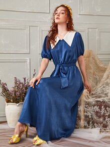 SHEIN 拼接娃娃領衣領泡泡袖腰帶連衣裙 - 藏蓝色 - 查看 1