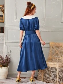 SHEIN 拼接娃娃領衣領泡泡袖腰帶連衣裙 - 藏蓝色 - 查看 2