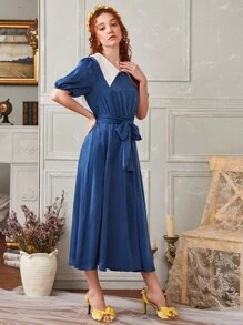 SHEIN 拼接娃娃領衣領泡泡袖腰帶連衣裙 - 藏蓝色 - 查看 3