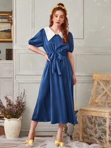 SHEIN 拼接娃娃領衣領泡泡袖腰帶連衣裙 - 藏蓝色 - 查看 4