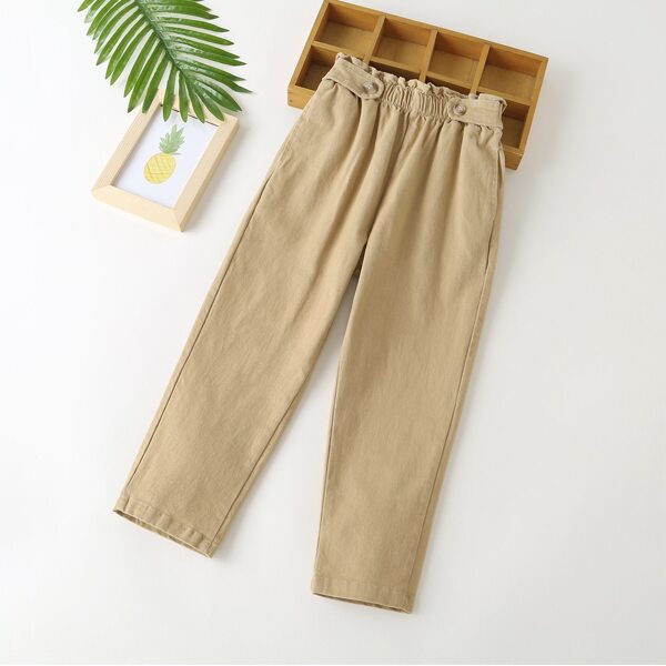 

Girls Paperbag Waist Solid Pants, Khaki