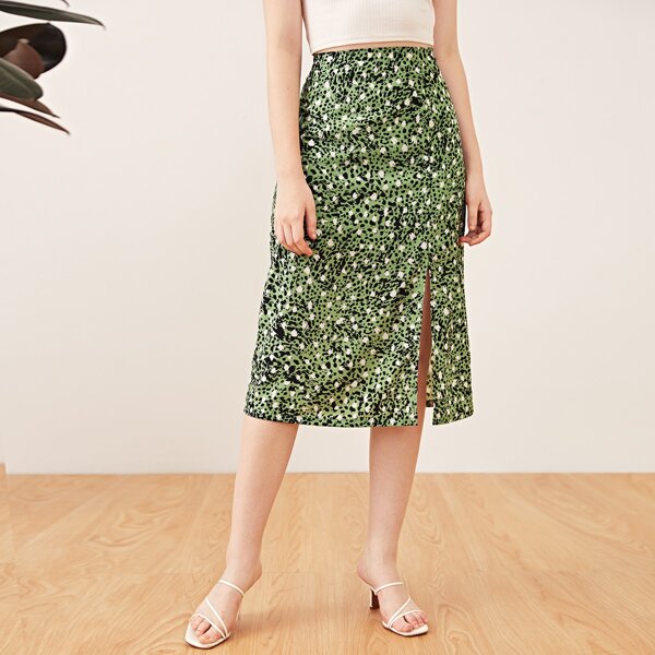 

Allover Print Split Hem Skirt, Multicolor