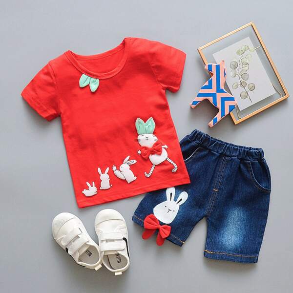 

Toddler Girls Cartoon Patched Tee & Bow Shorts, Multicolor