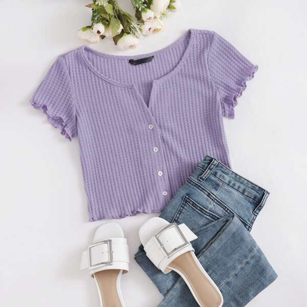 

Lettuce Edge Button Front Waffle Knit Tee, Purple