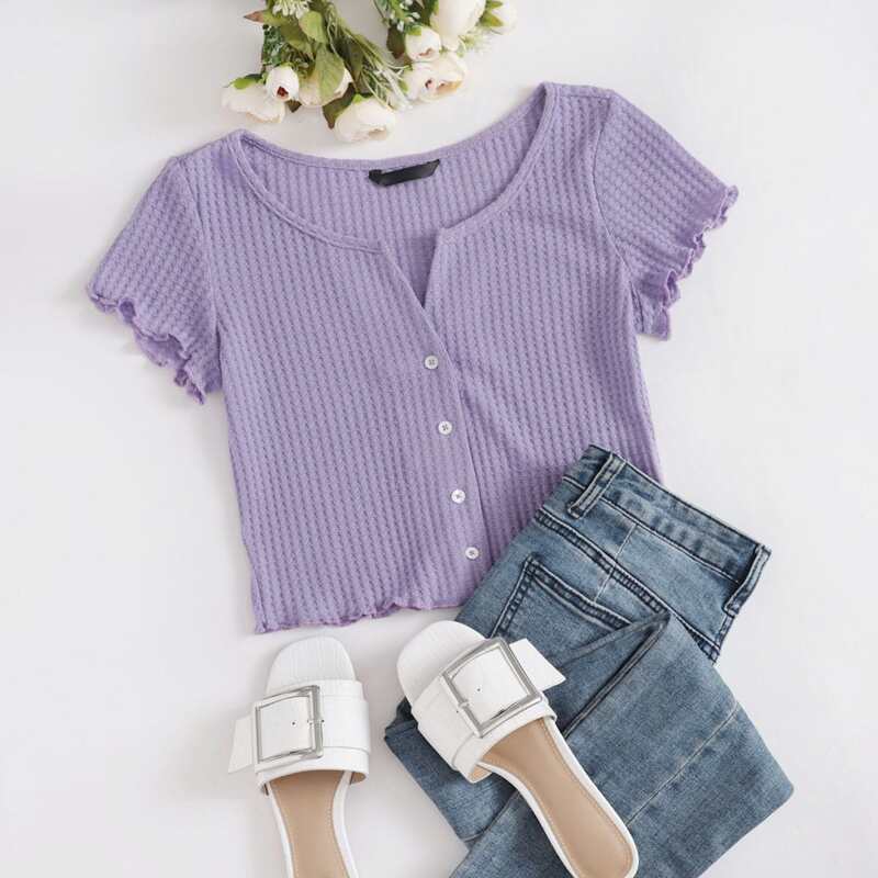 

Lettuce Edge Button Front Waffle Knit Tee, Purple