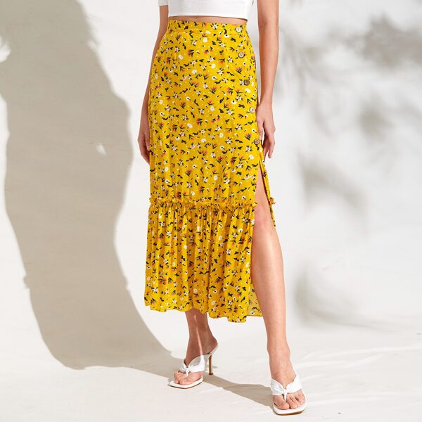 

Frill Ruffle Hem Button Side Floral Skirt, Yellow