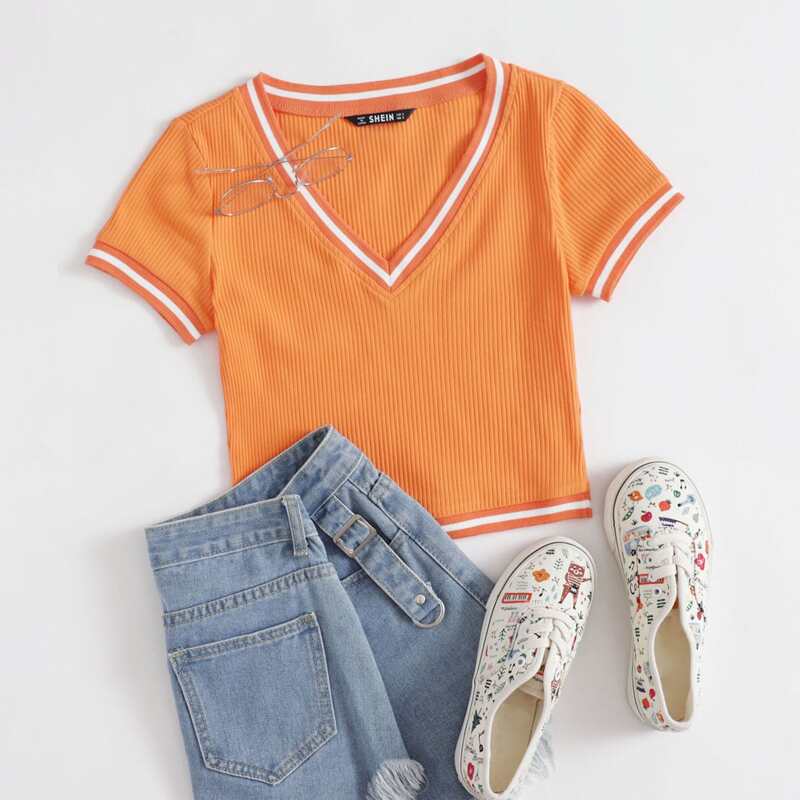 

Contrast Striped Tape Rib-knit Crop Tee, Orange