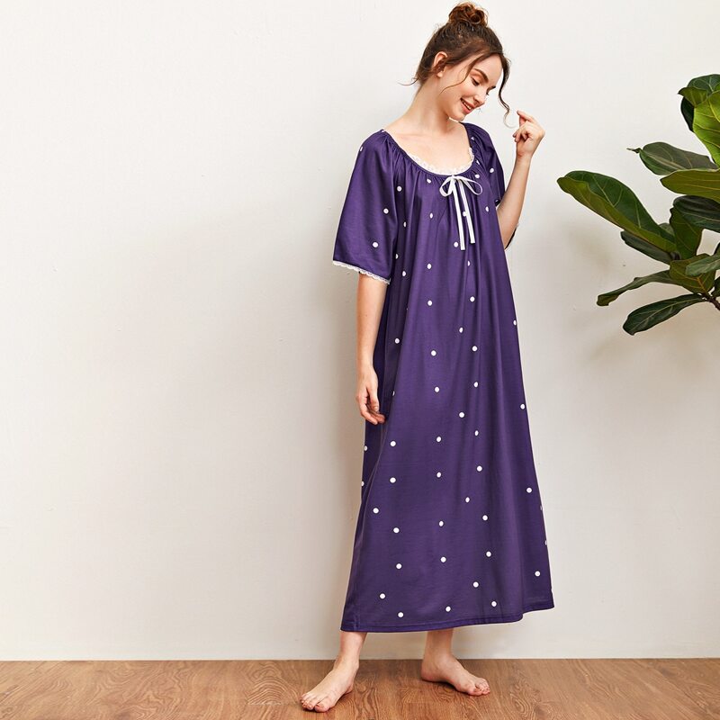 

Tie Front Lace Trim Polka Dot Nightdress, Purple