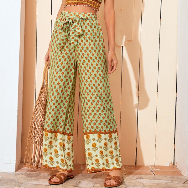 

Tribal Print Belted Wide Leg Pants, Multicolor