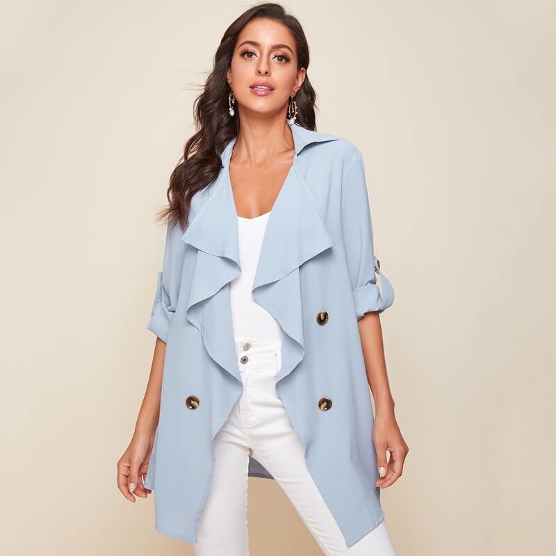 

Roll Tab Sleeve Waterfall Collar Trench Coat, Baby blue