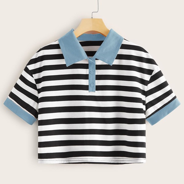 

Striped Contrast Collar Crop Polo Shirt, Black and white