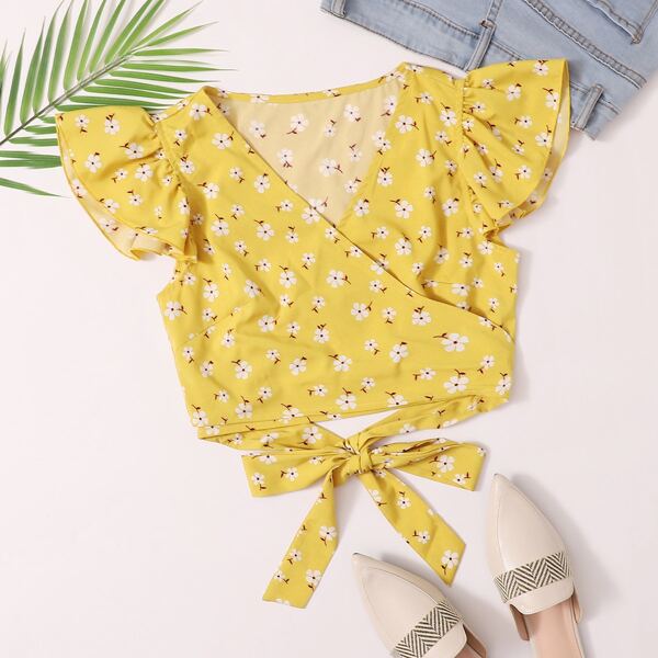 

Ditsy Floral Tie Front Crop Blouse, Yellow