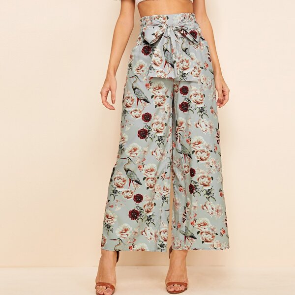 

Shirred Tie Waist Floral Print Pants, Mint green