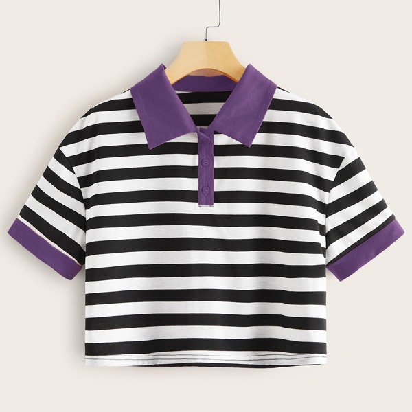 

Striped Contrast Collar Crop Polo Shirt, Black and white