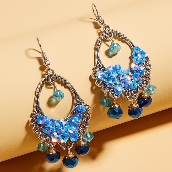 

Flower Sequin Drop Earrings, Blue