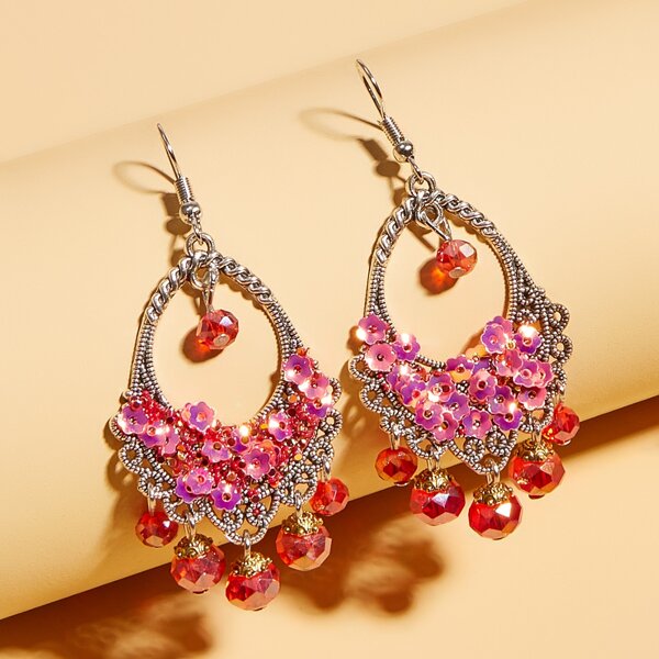 

Flower Sequin Drop Earrings, Red