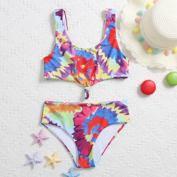 

Girls Tie Dye Knot Hem Bikini Swimsuit, Multicolor