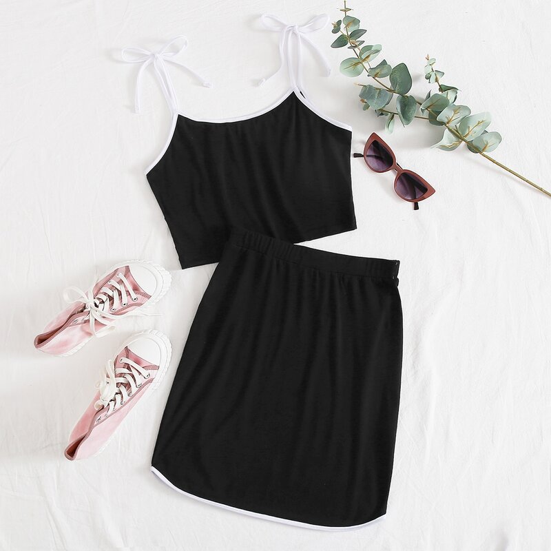 

Contrast Binding Tie Shoulder Cami Top & Skirt, Black