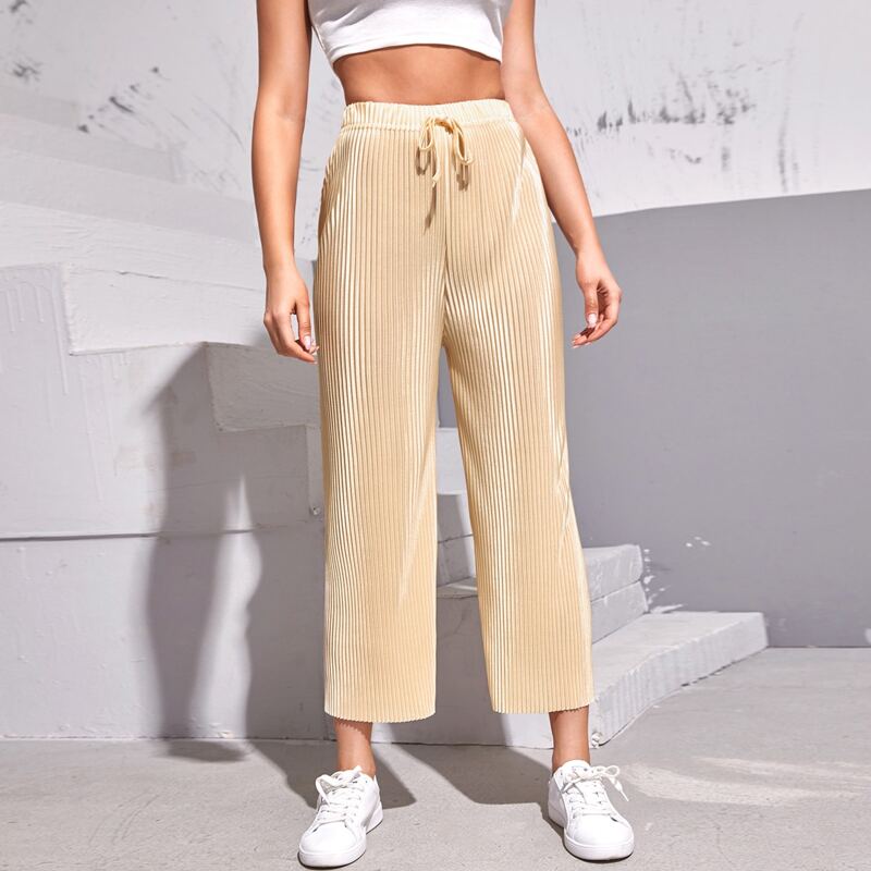 

Knot Front Rib-knit Wide Leg Pants, Yellow