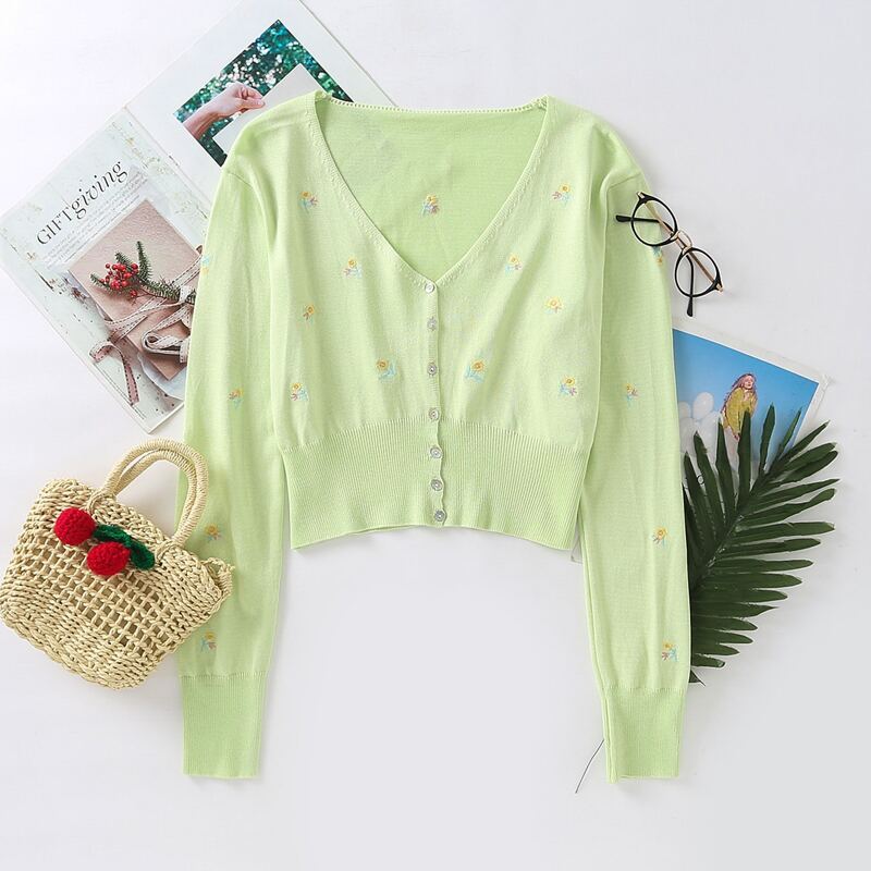 

Button Front Floral Embroidery Crop Cardigan, Lime green