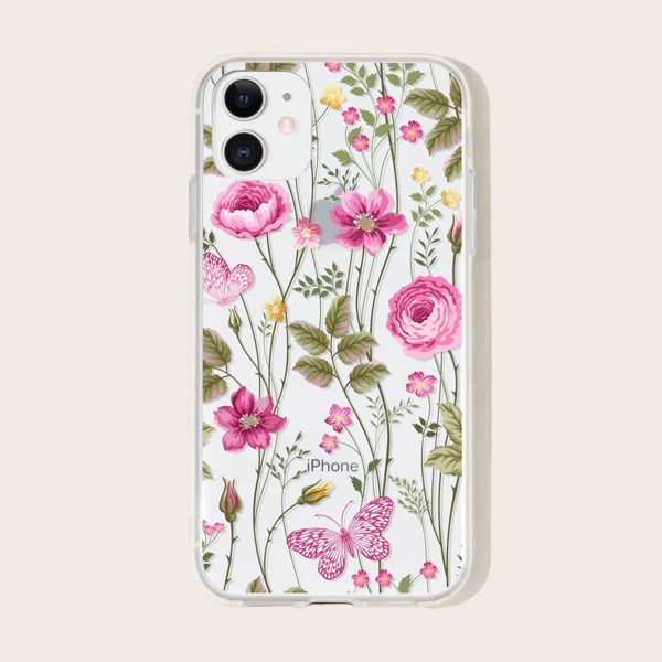 

1pc Floral Print iPhone Case, Pink