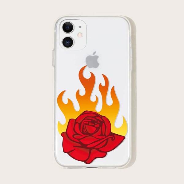 

1pc Flame & Rose Print iPhone Case, Multicolor