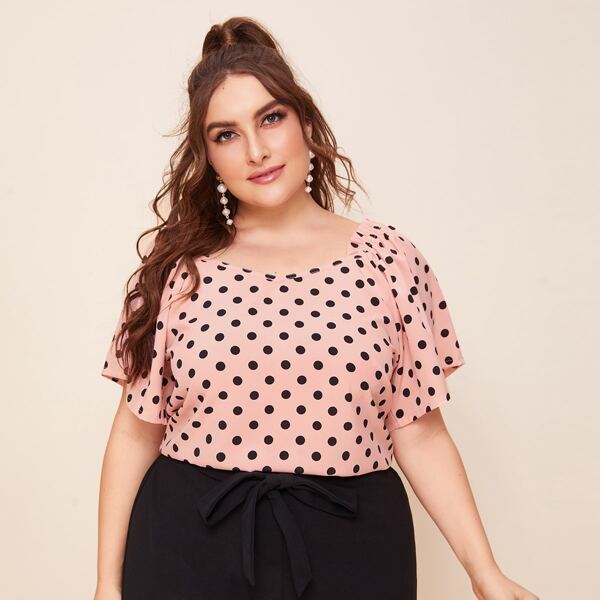 

Plus Sweetheart Neck Polka Dot Blouse, Baby pink