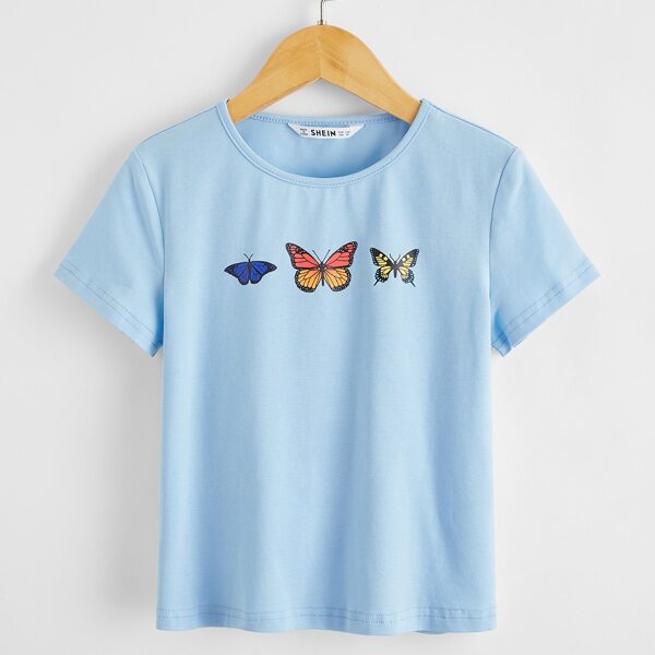 

Girls Butterfly Print Tee, Baby blue