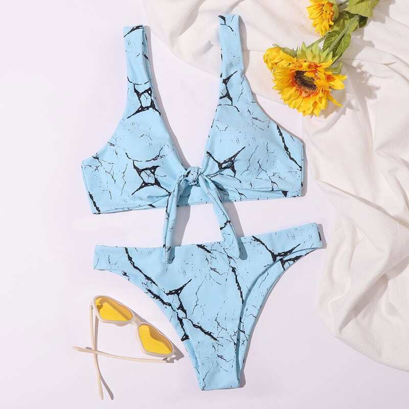 

Marble Print Knot Front Bikini Swimsuit, Baby blue