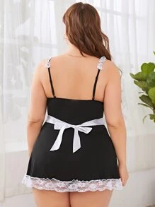 Plus Maid Costume & Thong Panty Set - 3pcs - Black and White - View 2