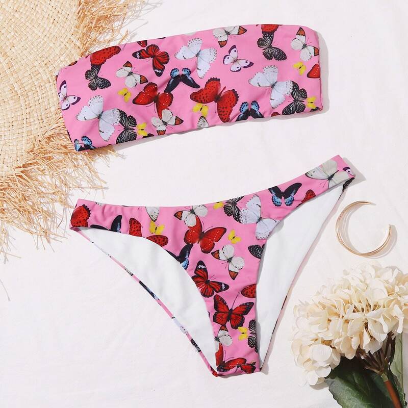 

Butterfly Print Bandeau Bikini Swimsuit, Multicolor