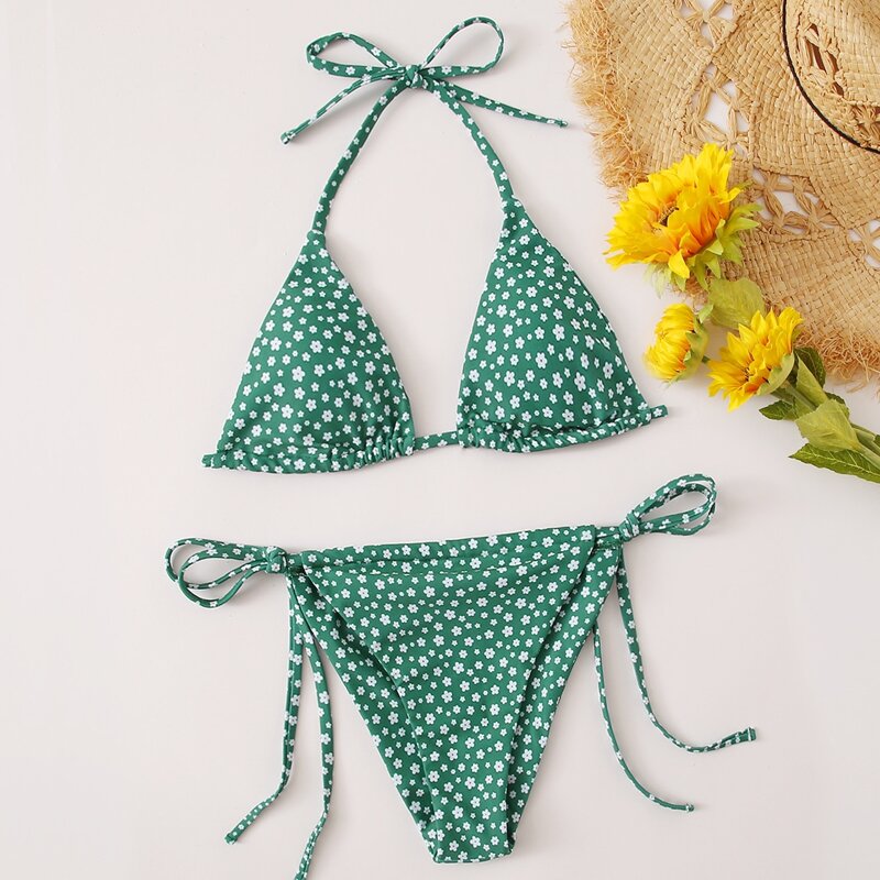 

Ditsy Floral Halter Tie Side Bikini Swimsuit, Green